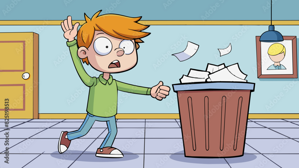 Poster a frustrated teenager throws a cled piece of paper into the trash can across the room. the papers sh