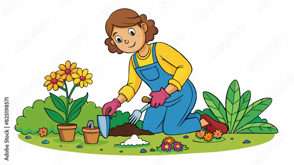 Poster a gardener crouched over a flowerbed carefully planting seeds with a small trowel. her gentle touch 