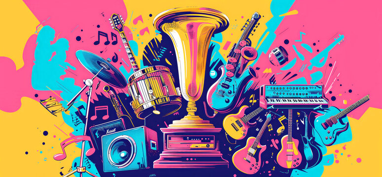Bright images of various musical instruments surrounding the MTV VMA trophy, highlighting the diversity of music culture