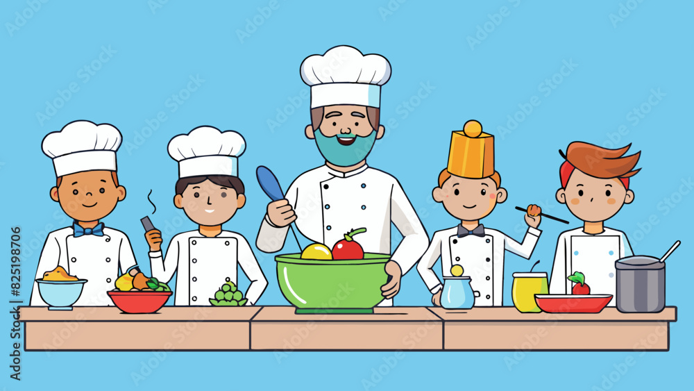 Poster A group of chefs in a cooking competition each given the same ingredients and tasked with creating the most delicious and visually appealing dish.. Cartoon Vector.