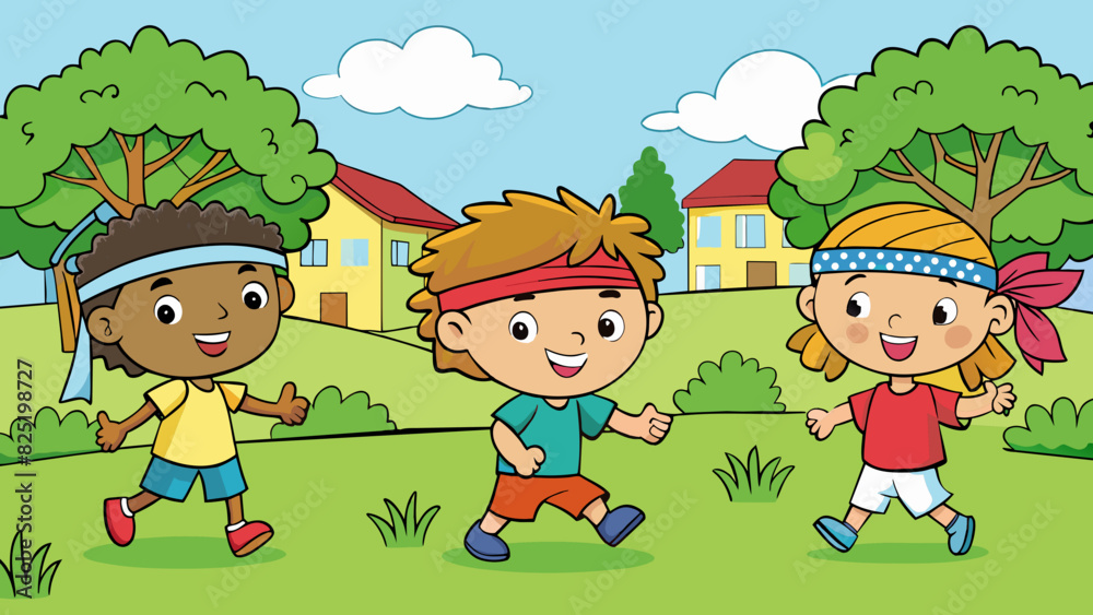 Poster a group of children chase each other around a grassy backyard laughing and screaming as they play a 