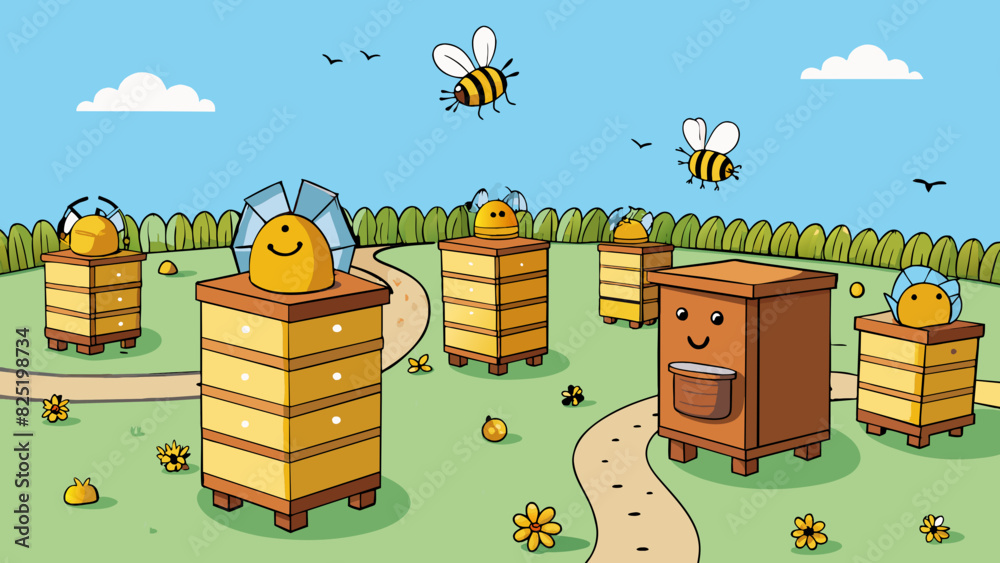 Aufkleber A group of beehives in a field with bees flying back and forth between the hives to collect nectar and pollen. Characteristics communication. Cartoon Vector.
