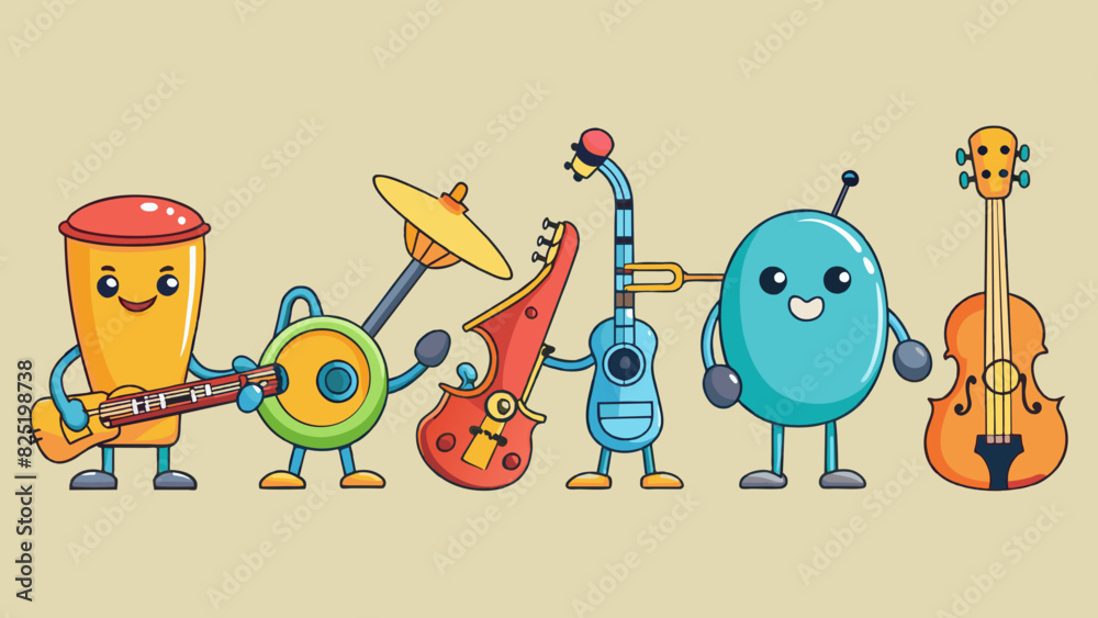 Poster A grouping of five musical instruments each one producing a different sound and getting progressively larger in size.. Cartoon Vector.