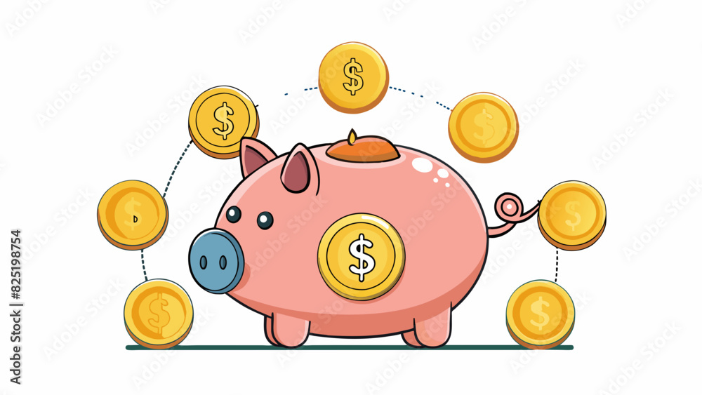Poster A group of coins in a piggy bank each coin representing a contribution or investment made by a person towards a shared goal or fund. Though they are. Cartoon Vector.