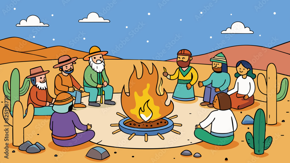 Poster a group of friends gathering around a fire in the middle of the desert sharing stories and passing d