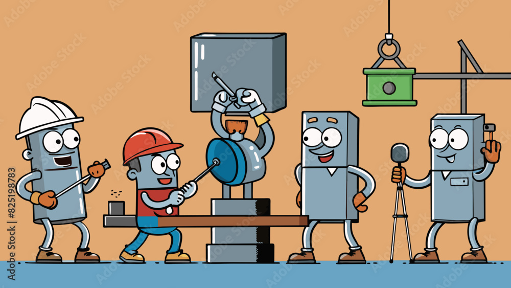 Poster A group of engineers conducting experiments on the strength and flexibility of various types of metal alloys. They are testing the alloys by. Cartoon Vector.