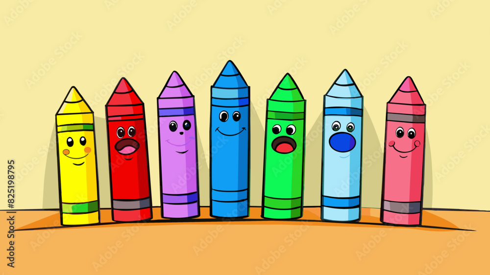 Poster a group of eight colorful crayons lying on a table. they are all different shades from bold red to s