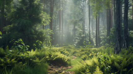 there is a path through a forest with ferns and trees