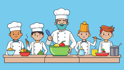 A group of chefs in a cooking competition each given the same ingredients and tasked with creating the most delicious and visually appealing dish.. Cartoon Vector.