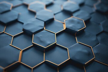 Abstract background of blue and white and a golden honeycomb symbol with a neon graphics background.