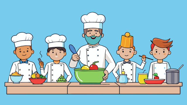 A group of chefs in a cooking competition each given the same ingredients and tasked with creating the most delicious and visually appealing dish.. Cartoon Vector.