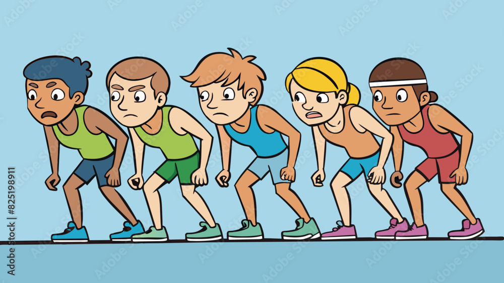 Poster a group of runners gathered at the starting line of a race their bodies tense and focused as they aw