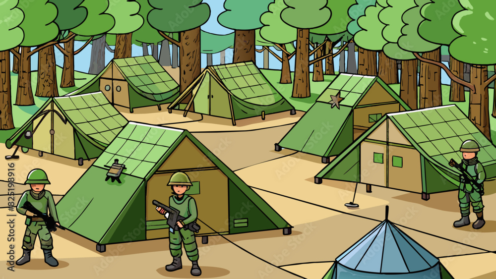Poster A group of military tents set up in a remote forest surrounded by camouflage netting and guarded by watchful soldiers showcasing the armys ability to. Cartoon Vector.