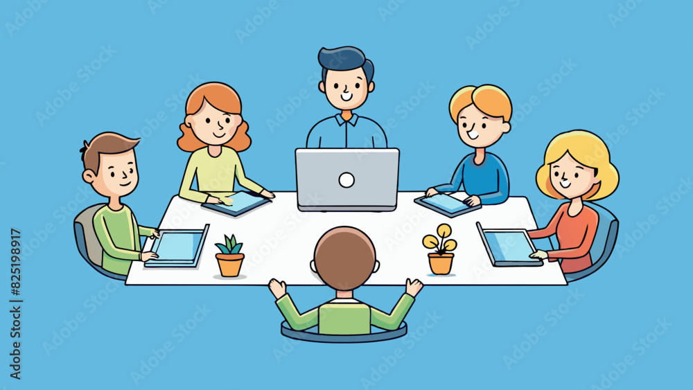 Aufkleber a group of people sitting around a table each person with a different role and responsibility. this 