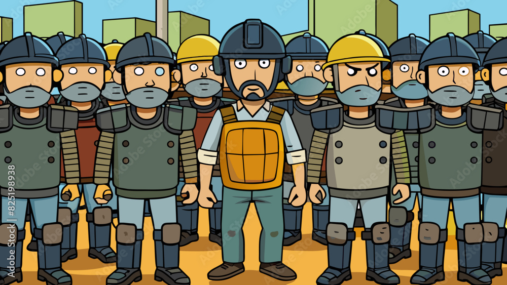 Poster A group of officers wearing bulletproof vests and carrying riot shields preparing to control a crowd during a demonstration.. Cartoon Vector.