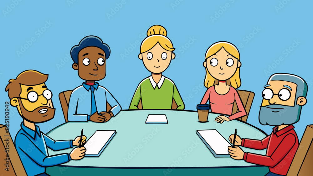 Poster a group of people sitting around a table nodding their heads in unison indicating an agreement on a 