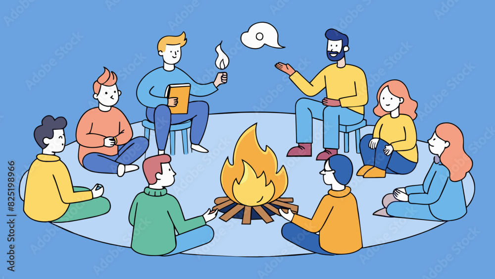 Poster a group of people gathered around a campfire with one person leading a discussion. the fire serves a
