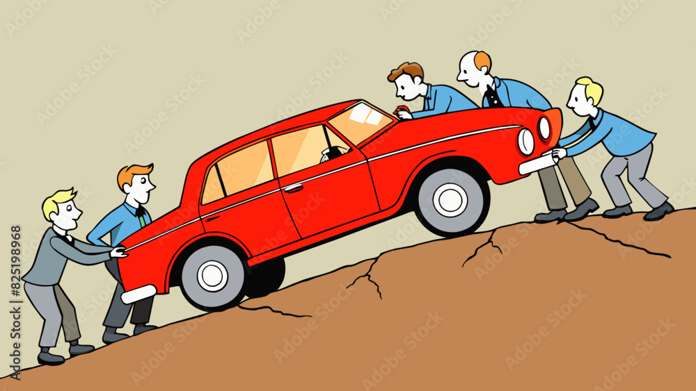 Poster a group of people working together to push a broken down car out of a ditch their faces red and dete