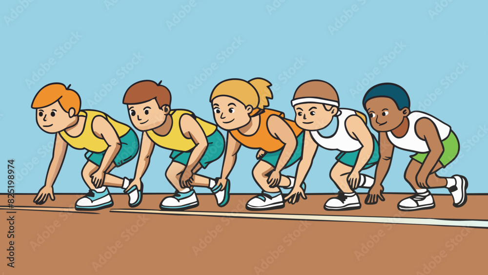 Poster a group of runners crouched at the starting line of a race. they all have their feet p behind a whit