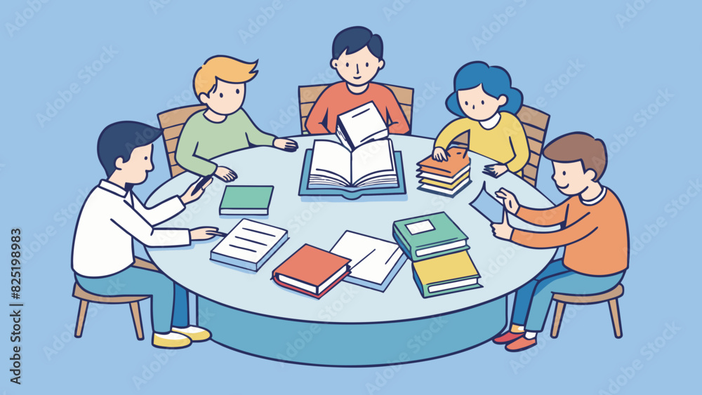 Poster A group of students sitting at a round table each with a pile of paper and textbooks in front of them. One student is holding a highlighter and making. Cartoon Vector.