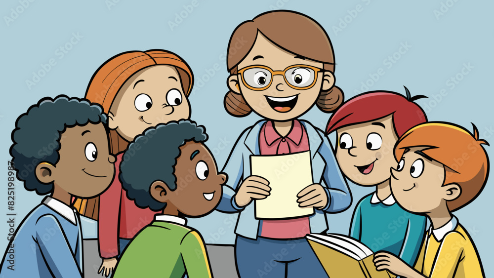 Poster a group of students huddled around a teacher leaning in attentively as she discusses a new concept t