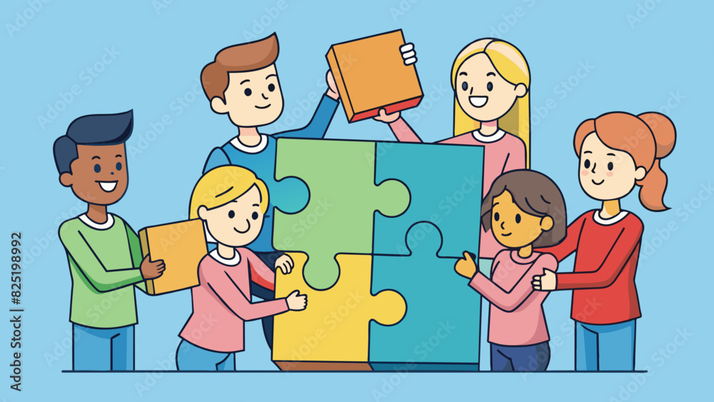Poster A group of students are gathered around a puzzle each one taking turns trying to fit a piece into the correct spot.. Cartoon Vector.
