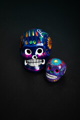 Colorful mexican skulls handcrafted in clay ceramics