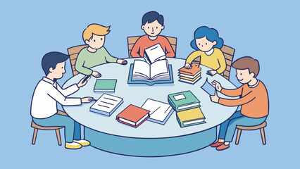 A group of students sitting at a round table each with a pile of paper and textbooks in front of them. One student is holding a highlighter and making. Cartoon Vector.