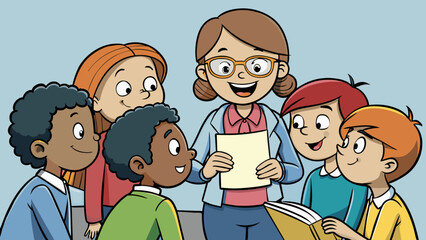 A group of students huddled around a teacher leaning in attentively as she discusses a new concept their ears perked and minds engaged.. Cartoon Vector.