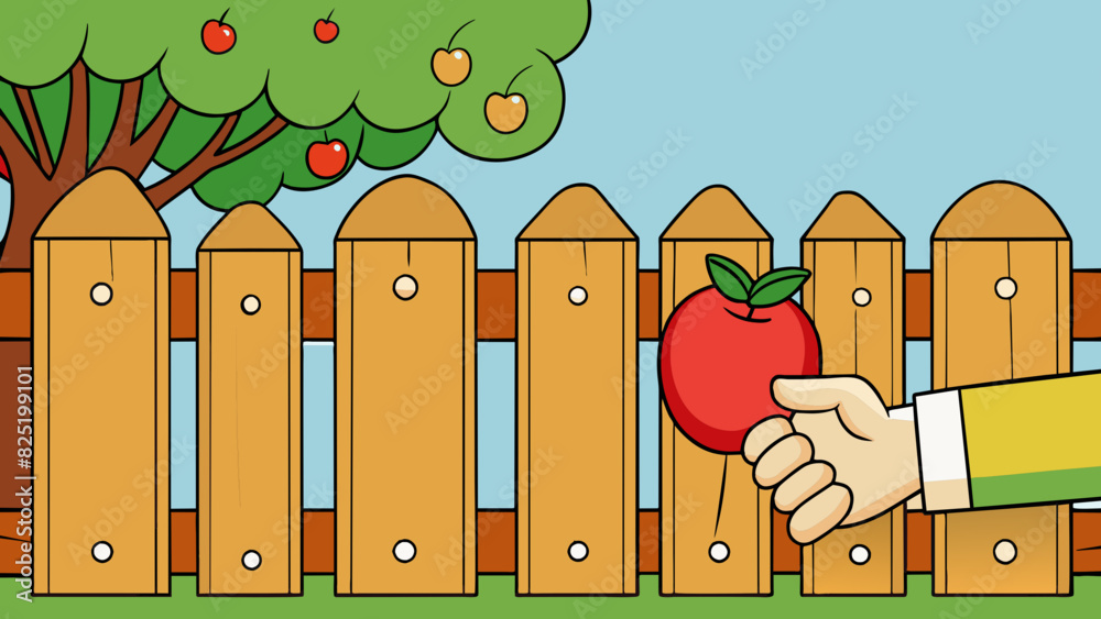 Leinwandbilder a hand reaching over a fence to grab fruits from a tree. the fence is made of wooden planks with sma