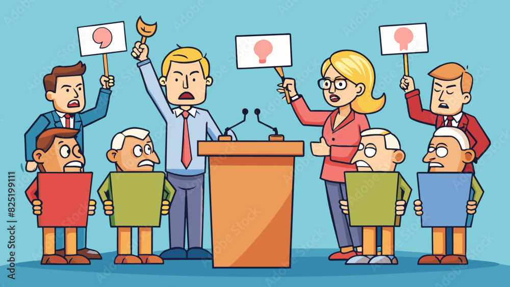 Poster A heated debate on a podium between two individuals with opposing views while a group of onlookers hold signs and chant in support of their side.. Cartoon Vector.