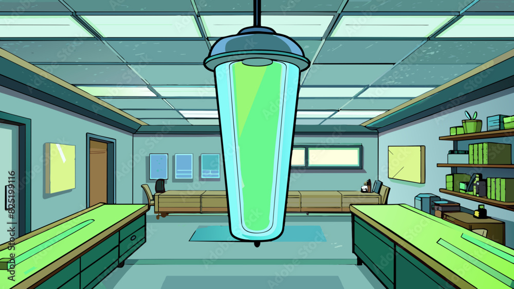 Aufkleber A harsh fluorescent light in an office building creating a sterile and uninviting atmosphere with its bright artificial glow.. Cartoon Vector.