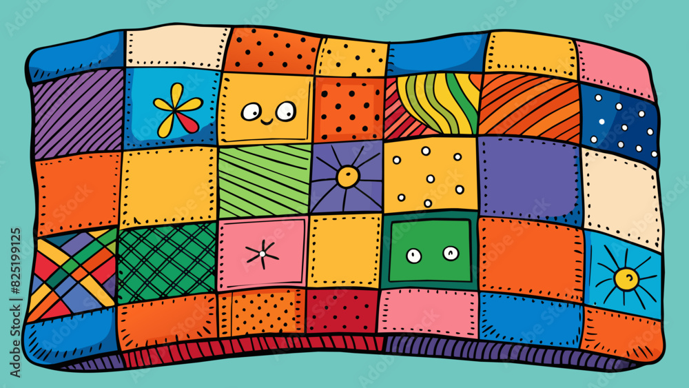 Aufkleber A handmade quilt featuring a patchwork of mismatched fabrics in vibrant colors and patterns. The stitching is neat and precise showcasing the skill. Cartoon Vector.