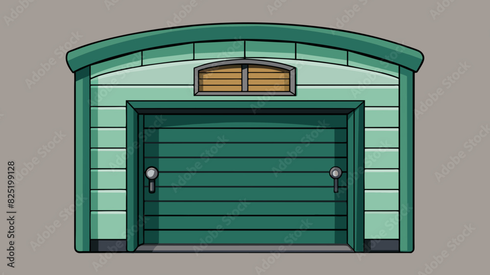 Poster a heavy metal garage door with ridges and grooves painted in a dark green color. it has a sy handle 