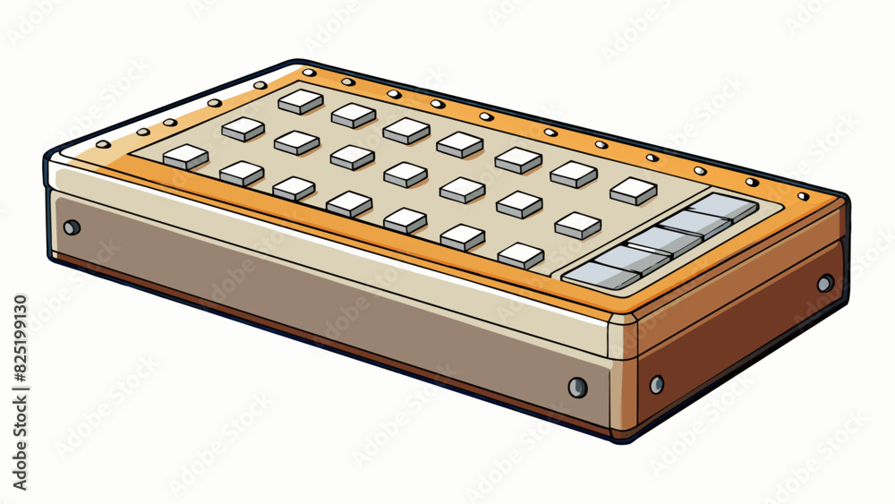 Poster A heavy rectangular block of metal with a flat surface and an array of keys and buttons on one side. Upon closer inspection the smooth surface reveals. Cartoon Vector.
