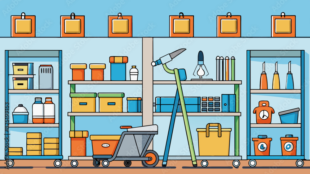 Aufkleber a hardware store with tall shelves stocked with a variety of tools and materials. the floor is lined