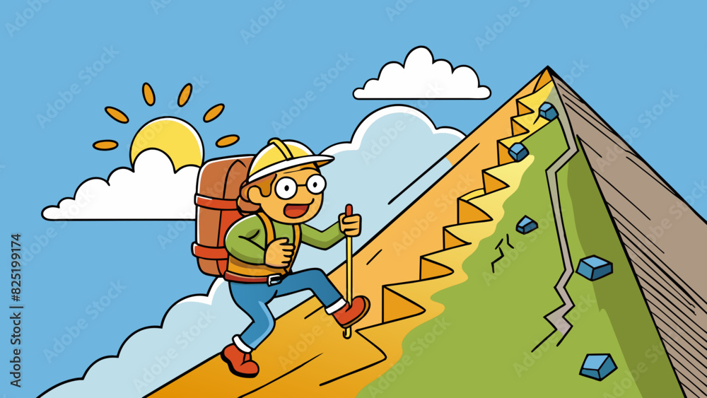 Poster a hiker pauses to catch their breath as they climb up a steep mountain trail. despite the challengin