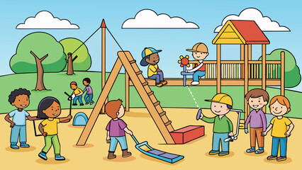 Fototapeta premium A heartwarming feature about a community coming together to build a new playground for their neighborhood children with swings slides and climbing. Cartoon Vector.