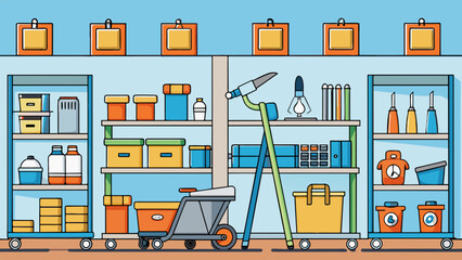 A hardware store with tall shelves stocked with a variety of tools and materials. The floor is lined with metal carts for customers to use as they. Cartoon Vector.