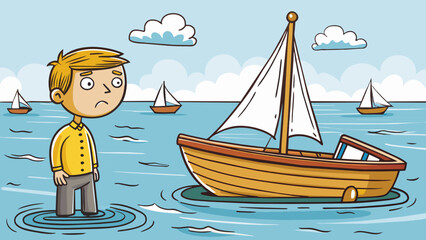 Obraz premium A hesitant sailboat unsure of whether to set off into the unknown waters or stay anchored safely in the harbor.. Cartoon Vector.