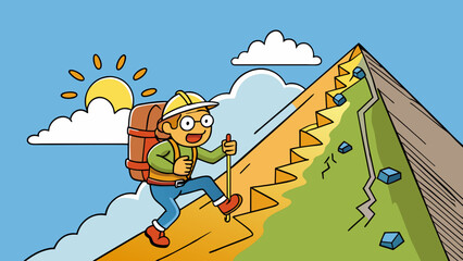 Obraz premium A hiker pauses to catch their breath as they climb up a steep mountain trail. Despite the challenging incline they continue on driven by their desire. Cartoon Vector.
