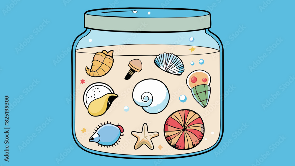 Aufkleber A jar filled with different types of seashells each labeled with its scientific name and location of where it was found.. Cartoon Vector.