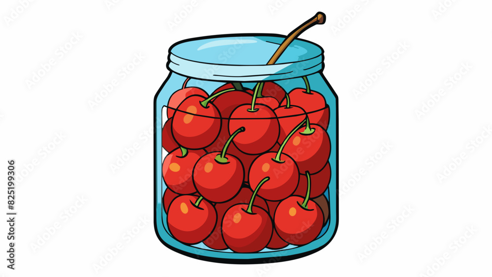 Poster A jar filled with plump red cherries preserved in a thick sticky syrup. The cherries are slightly wrinkled and their stems are still attached.. Cartoon Vector.