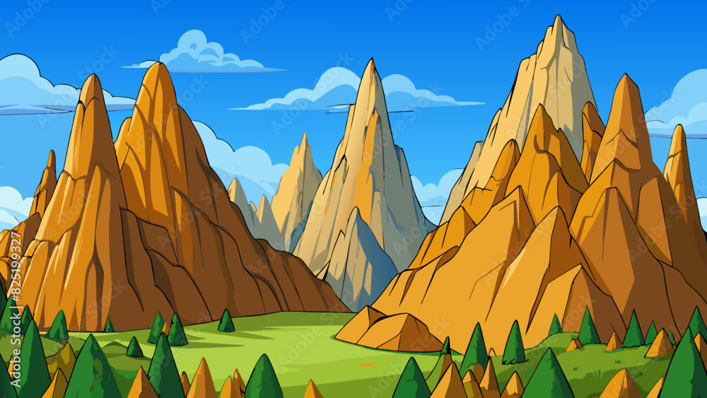 Poster a jagged mountain range with sharp peaks jutting up against the clear blue sky. massive boulders and