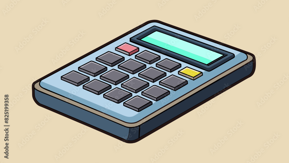 Poster A keypad with raised rectangular buttons that light up when pressed. It has a matte black finish with a small LCD screen at the top displaying the. Cartoon Vector.