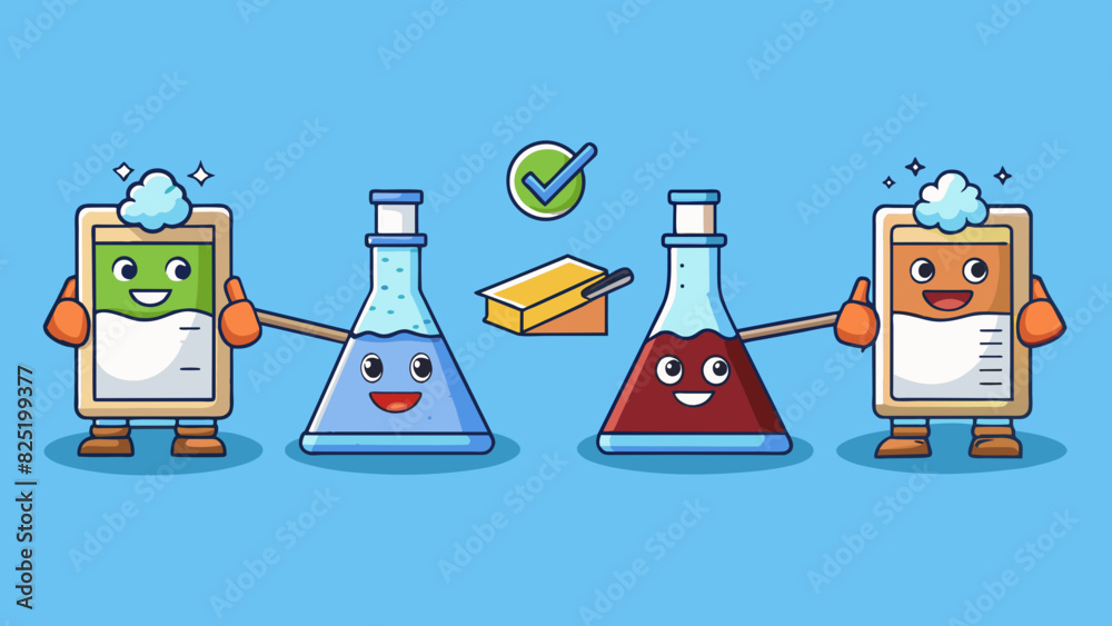 Poster A laboratory experiment is set up to test the effectiveness of a new cleaning product. Two identical sets of stained fabrics are used with one set. Cartoon Vector.