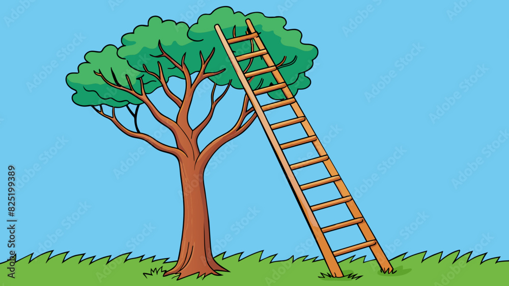 Aufkleber A ladder leaning against a tree reaching up to its highest branch. The ladders reach is limited by its length but its ability to extend upwards allows. Cartoon Vector.