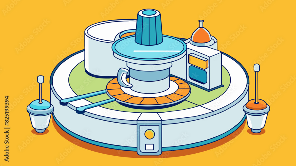 Poster A large circular contion with a central spinning blade and a variety of attachments and blades hanging from the sides. It has a power switch and speed. Cartoon Vector.