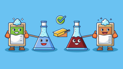 A laboratory experiment is set up to test the effectiveness of a new cleaning product. Two identical sets of stained fabrics are used with one set. Cartoon Vector.