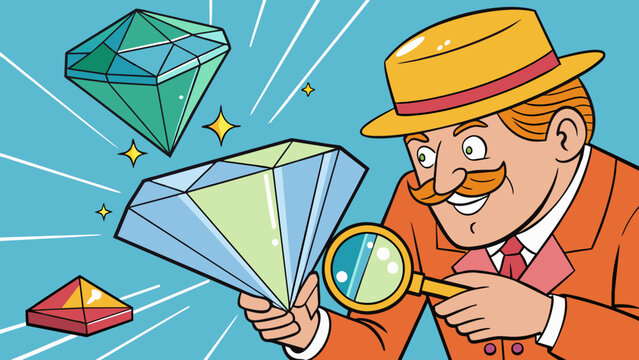 A jeweler examining a diamond under a specialized light noting the stones clarity color and to determine its quality and value.. Cartoon Vector.